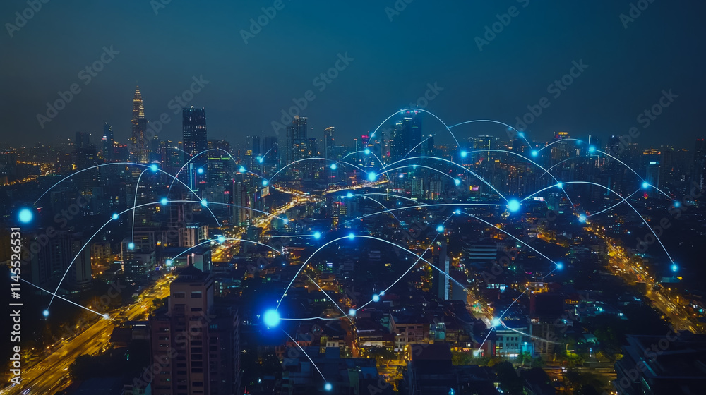 Fototapeta premium Smart digital city with connection cyber security network reciprocity over the cityscape . future smart wireless digital city and social media networking systems that connects people within the city