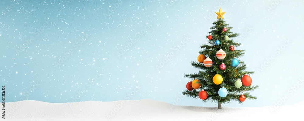 Obraz premium Colorful christmas tree decorated against snowy background