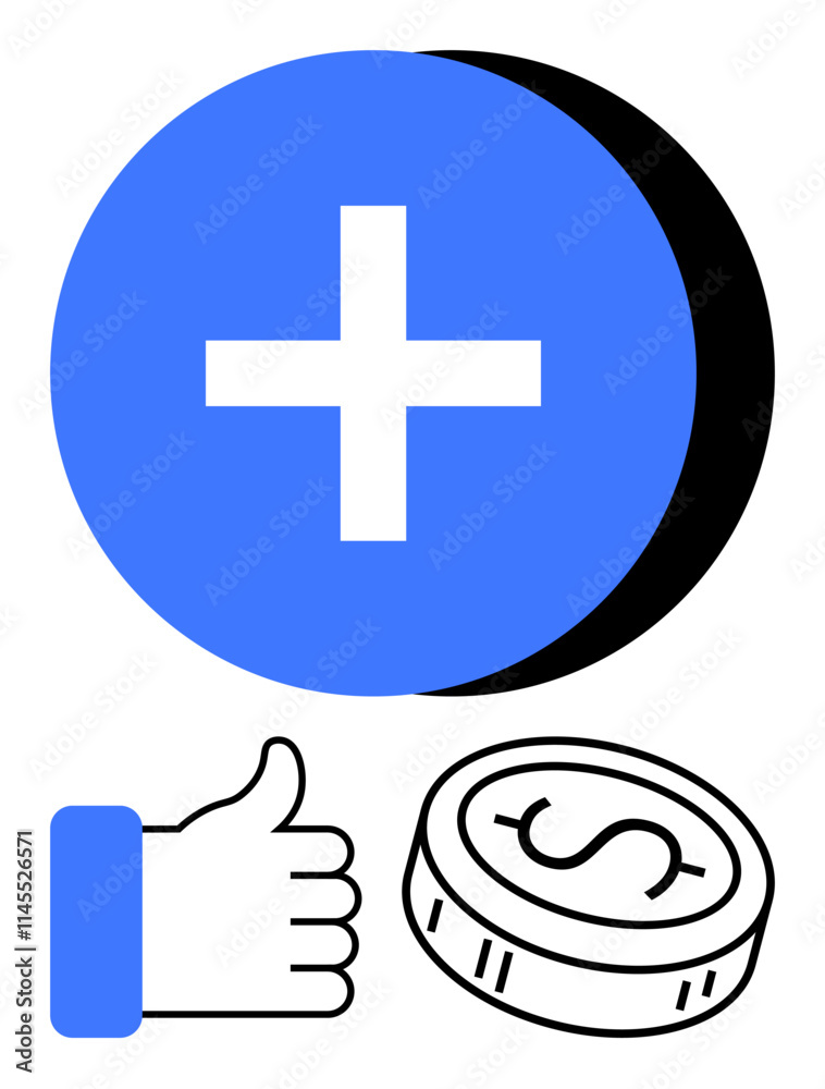 Obraz premium Blue plus sign with thumbs up and coin below. Ideal for financial growth, positivity, success, business, profit approval investment. Line metaphor. Line metaphor. Simple line icons