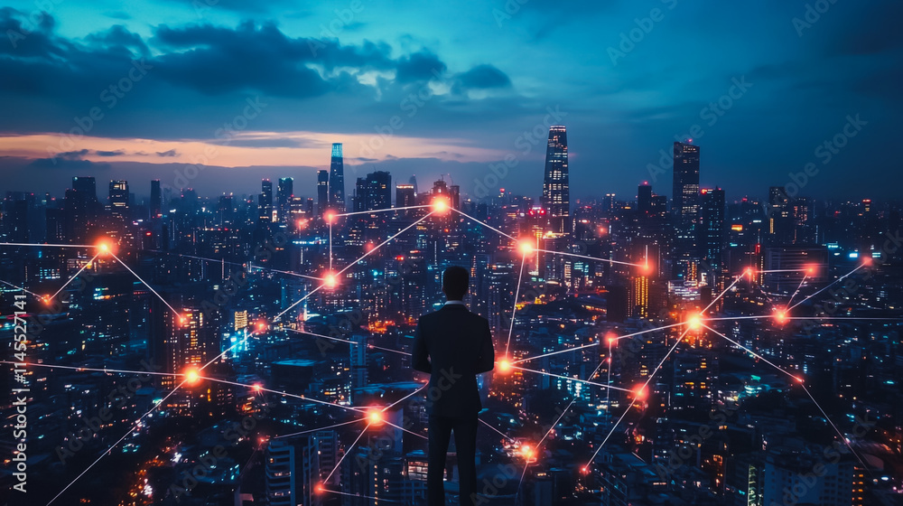 Fototapeta premium Smart digital city with connection cyber security network reciprocity over the cityscape . future smart wireless digital city and social media networking systems that connects people within the city