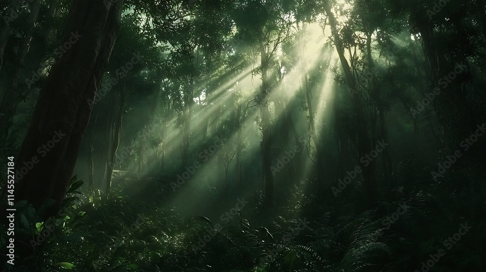 Soft sunlight cascading through the tall trees of a dense forest, highlighting the lush undergrowth Soft sunlight cascading through the tall trees of a dense forest, highlighting the lush undergrowth