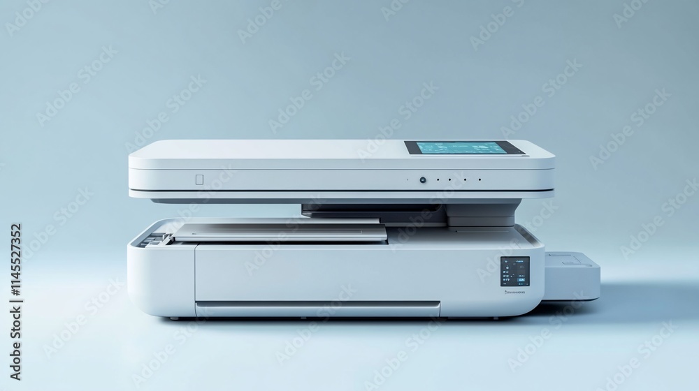 Modern white all-in-one printer on light blue background. Modern white all-in-one printer on light blue background.