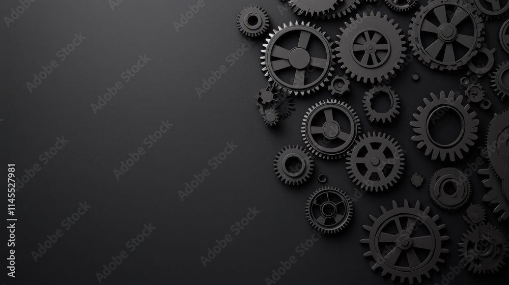 Black gears arranged on dark background, creating mechanical composition. intricate design showcases various sizes and shapes, evoking sense of engineering and innovation Black gears arranged on dark background, creating mechanical composition. intricate design showcases various sizes and shapes, evoking sense of engineering and innovation