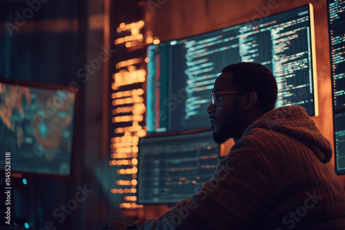 Young man using laptop with programming code.