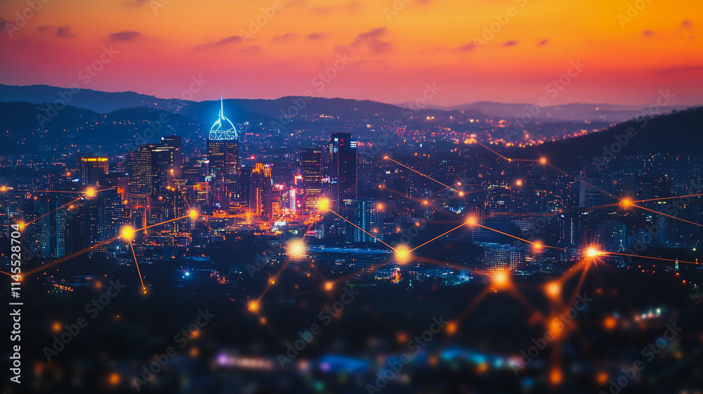 Fototapeta premium Smart digital city with connection cyber security network reciprocity over the cityscape . future smart wireless digital city and social media networking systems that connects people within the city