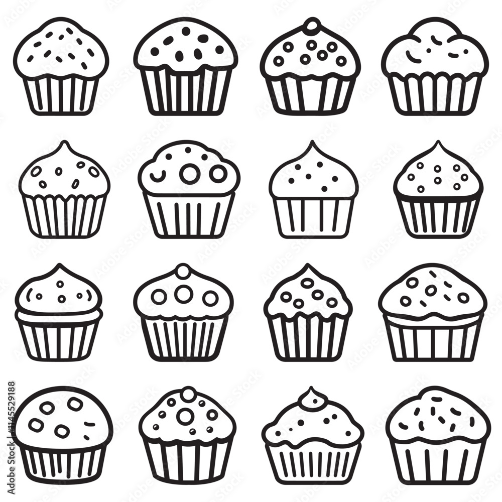 Line drawing of a cupcake icon with sprinkles on top. Line drawing of a cupcake icon with sprinkles on top.