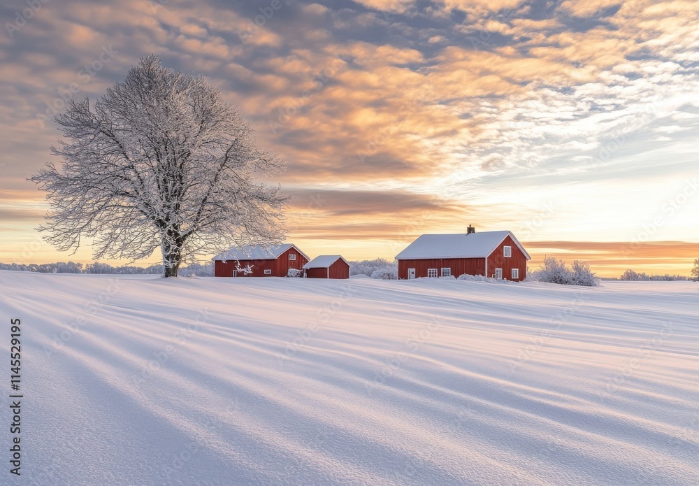 Winter Landscape with Snow-Covered Fields and Vibrant Sunset Behind a Red Farmhouse and Barns in a Peaceful Rural Setting Winter Landscape with Snow-Covered Fields and Vibrant Sunset Behind a Red Farmhouse and Barns in a Peaceful Rural Setting