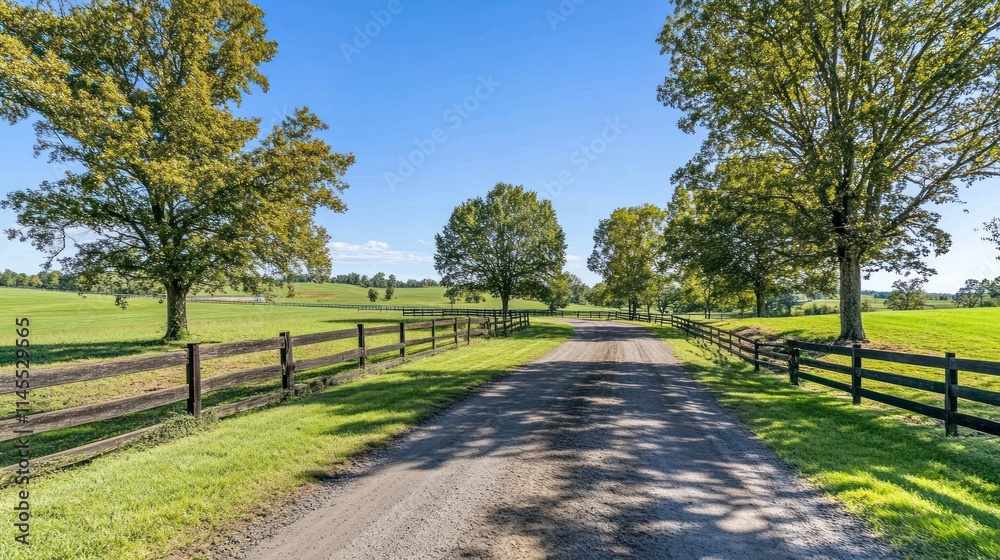 Scenic country road lined with trees and fences on a sunny day. Scenic country road lined with trees and fences on a sunny day.