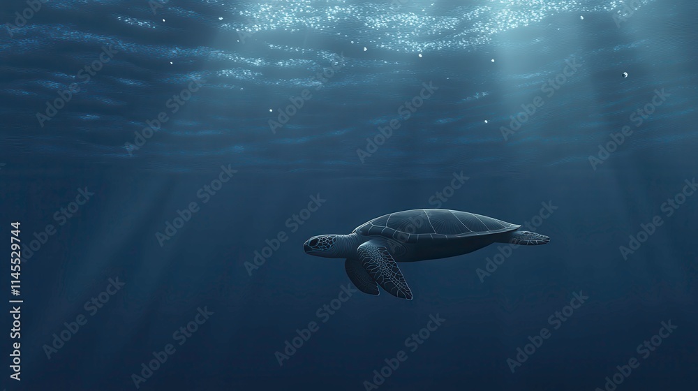 Majestic Sea Turtle Swimming Gracefully in Deep Blue Ocean Waters with Sunlight Filtering Through the Surface Creating a Serene Underwater Atmosphere Majestic Sea Turtle Swimming Gracefully in Deep Blue Ocean Waters with Sunlight Filtering Through the Surface Creating a Serene Underwater Atmosphere
