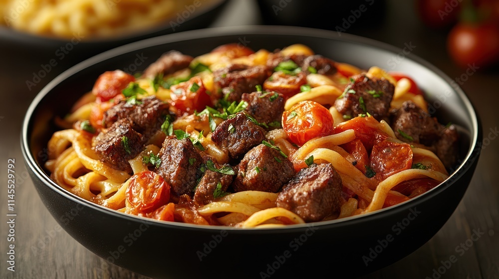 A bowl of pasta with beef and tomatoes. A bowl of pasta with beef and tomatoes.