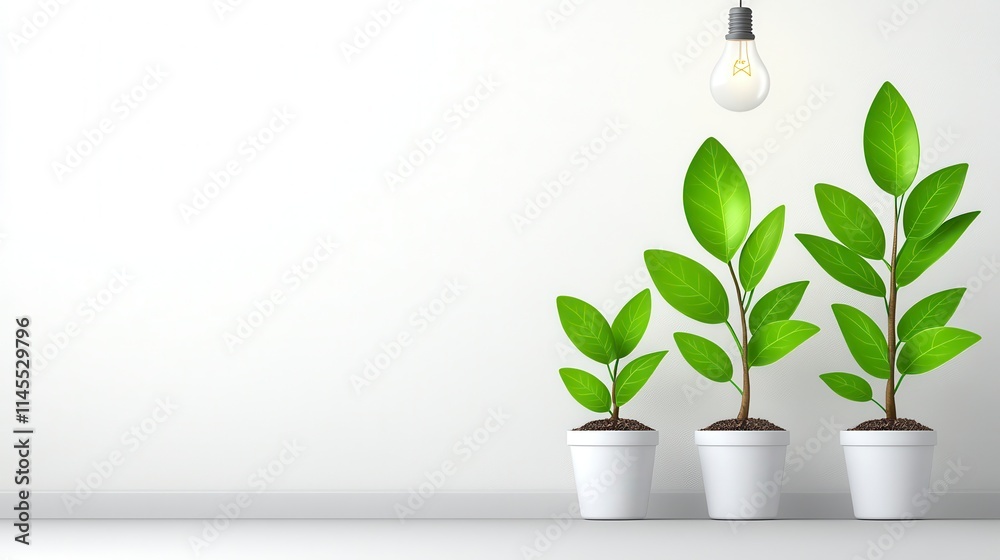 Green potted plants under a light bulb on a minimalistic background, symbolizing growth and vitality. Green potted plants under a light bulb on a minimalistic background, symbolizing growth and vitality.