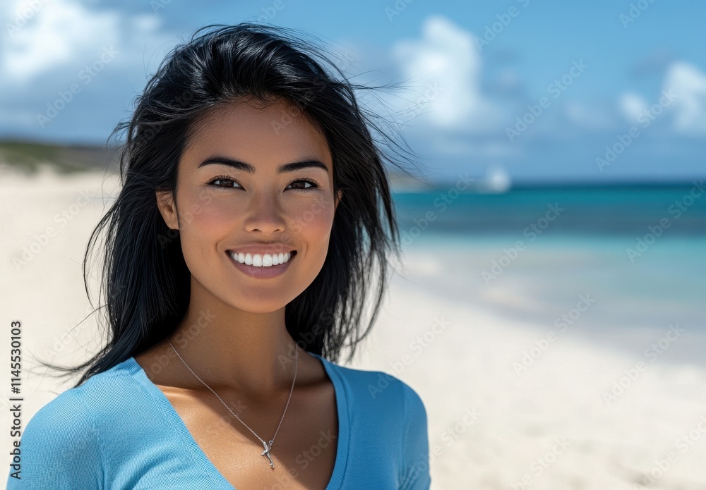 Young woman smiling on a sunny beach with turquoise water in the background, capturing happiness and relaxation during a summer vacation in paradise. Young woman smiling on a sunny beach with turquoise water in the background, capturing happiness and relaxation during a summer vacation in paradise.