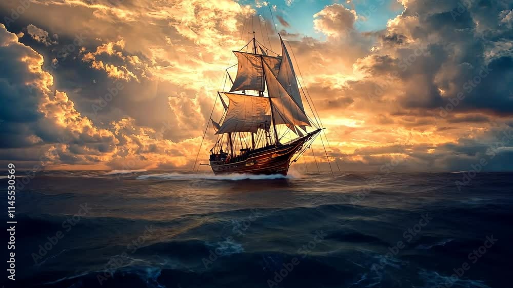 Majestic sailing ship navigating a dramatic ocean sunset.