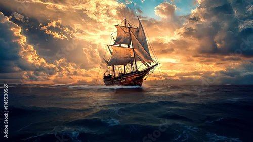 Majestic sailing ship navigating a dramatic ocean sunset.