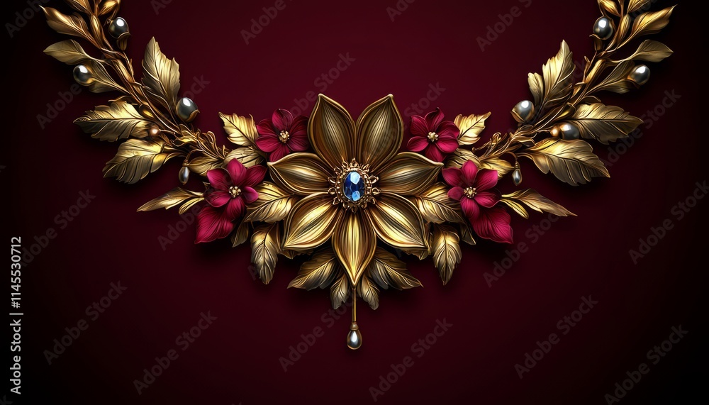 Elegant Gold Floral Necklace with Gems and Pearls