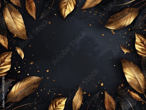 border frame of gold feather with copy space in the middle. black textured background