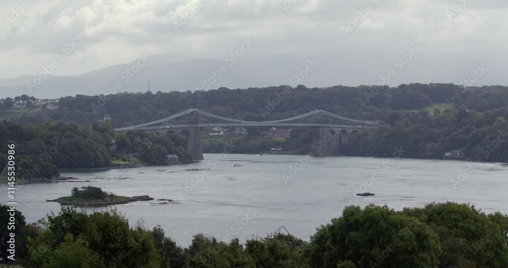 Extra Wide shot looking east on to Menai Suspension Bridge from Llanfairpwllgwyngyll Extra Wide shot looking east on to Menai Suspension Bridge from Llanfairpwllgwyngyll