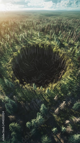 Tunguska explosion scene: trees fall in a circle, no crater, captured in wide-angle detail. photo