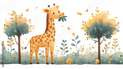 Playful vector illustration of a giraffe eating leaves from a tall tree ideal for wildlife and nature themes photo