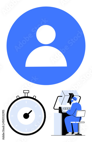 User avatar in blue circle stopwatch and person working in control room. Ideal for productivity, technology, efficiency, time management, user interface, work process, organization. Line metaphor