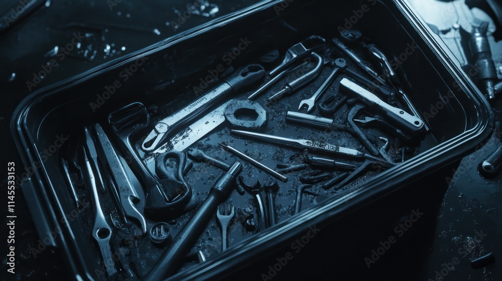 Fototapeta premium Dark Moody Toolbox: A Collection of Steel Tools