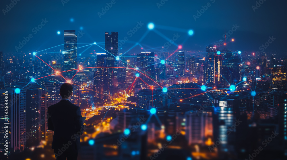 Obraz premium Smart digital city with connection cyber security network reciprocity over the cityscape . future smart wireless digital city and social media networking systems that connects people within the city