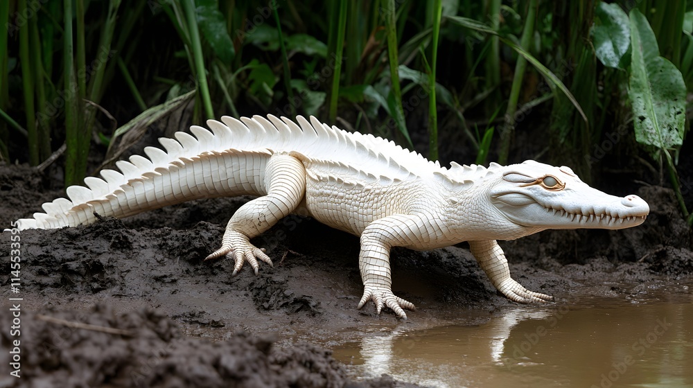 Obraz premium Albino Crocodile Crawls Near Water In Swamp