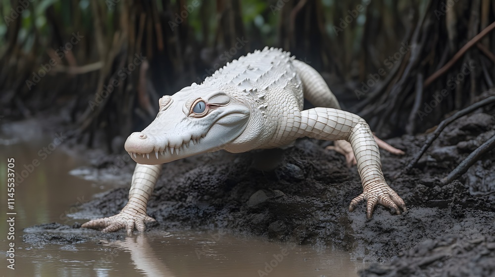 Obraz premium Albino Alligator Emerging From Mangrove Swamp