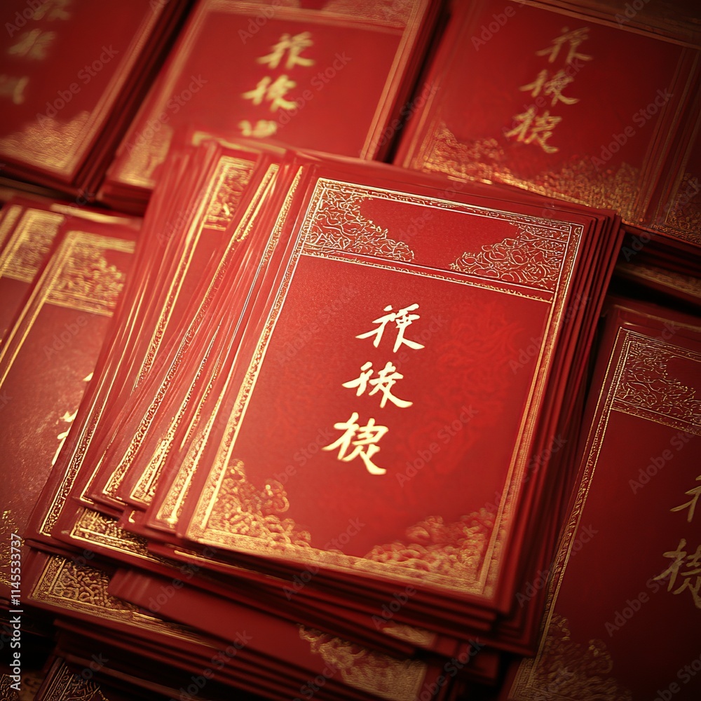 Fototapeta premium Stack of Red Chinese Books with Gold Lettering and Ornate Designs