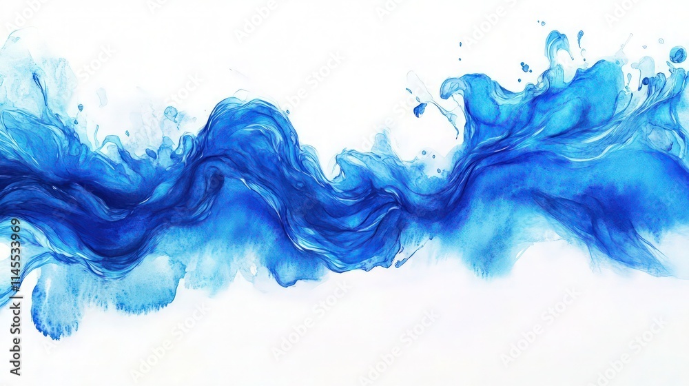 Beautiful watercolor splash depicting flowing water, showcasing vibrant blue hues and dynamic movement against a white background Beautiful watercolor splash depicting flowing water, showcasing vibrant blue hues and dynamic movement against a white background