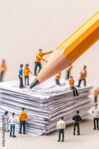 Teamwork Concept: Miniature Figures Lifting Pencil