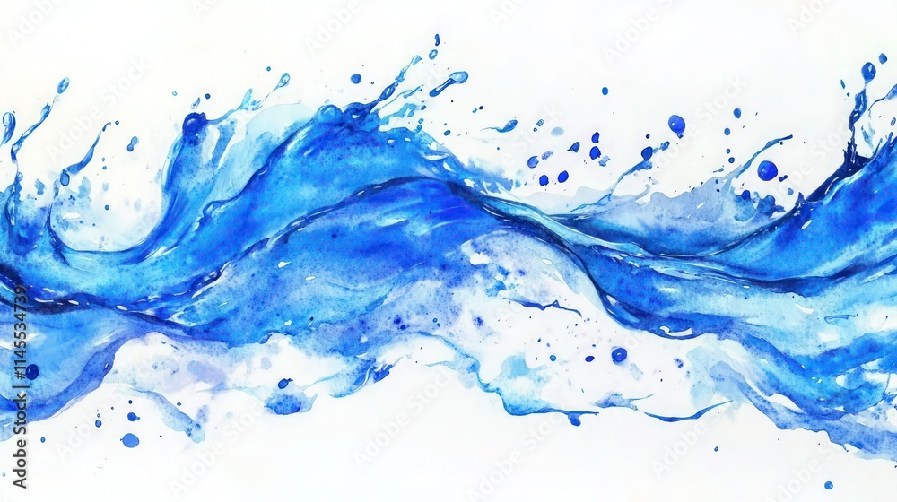 Beautiful watercolor splash depicting flowing water, showcasing vibrant blue hues and dynamic movement against a white background Beautiful watercolor splash depicting flowing water, showcasing vibrant blue hues and dynamic movement against a white background