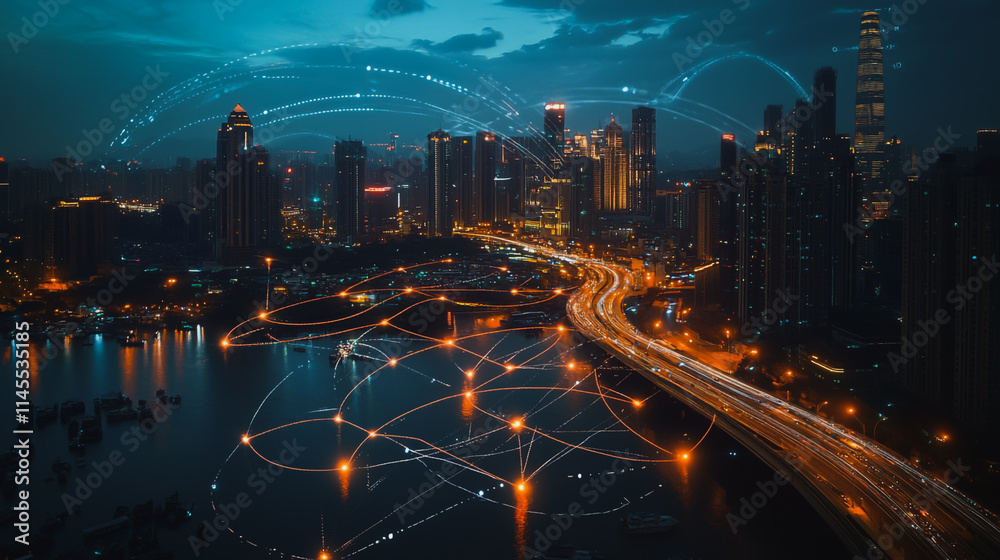 Naklejka premium Smart digital city with connection cyber security network reciprocity over the cityscape . future smart wireless digital city and social media networking systems that connects people within the city