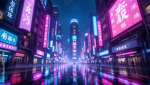 Futuristic cityscape at night with glowing neon lights and digital beams.