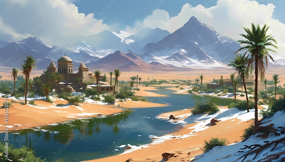 Naklejka premium Exploring the peaceful oasis landscape with lush palm trees and serene waterways in a desert environment under majestic mountain peaks