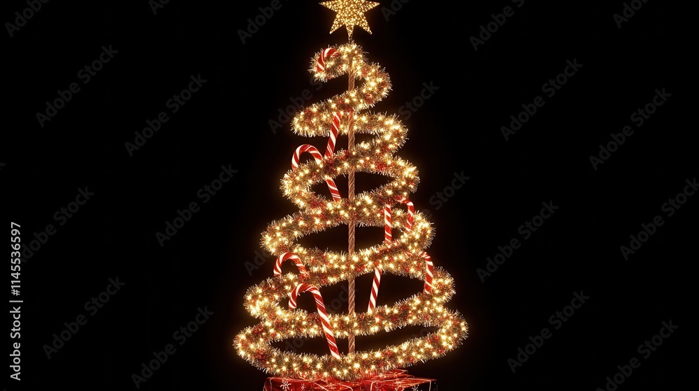 A glowing holiday tree decorated with candy canes and sparkling golden lights A glowing holiday tree decorated with candy canes and sparkling golden lights