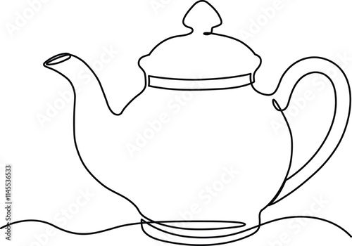 Teapot one line drawing. Hand drawing art breakfast theme, linear logo of tea set isolated on white background. Modern sketch design vector illustration