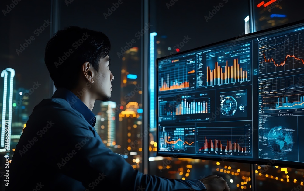 Professional reviewing financial market analysis, growth trends, and investment opportunities, with digital business data visualization Professional reviewing financial market analysis, growth trends, and investment opportunities, with digital business data visualization