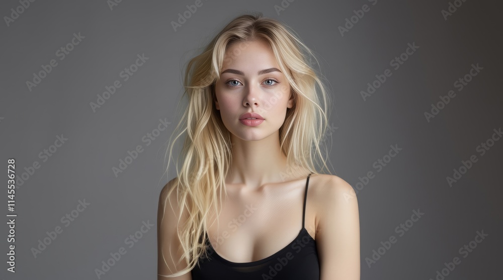 Naklejka premium Beautiful woman on gray background. Beauty portrait. Natural beauty. Beautiful young woman with clean fresh skin. Face care, Facial treatment, cosmetology, beauty and spa.