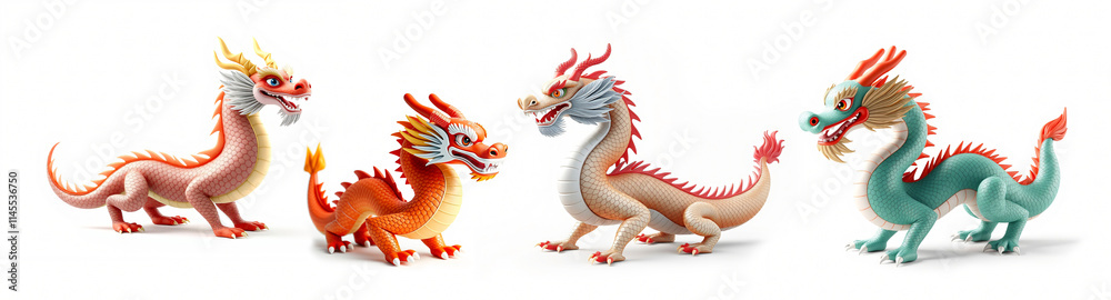 Fototapeta premium Four Colorful Chinese Dragons Figurines on White Background: A Collection of Mythical Creatures