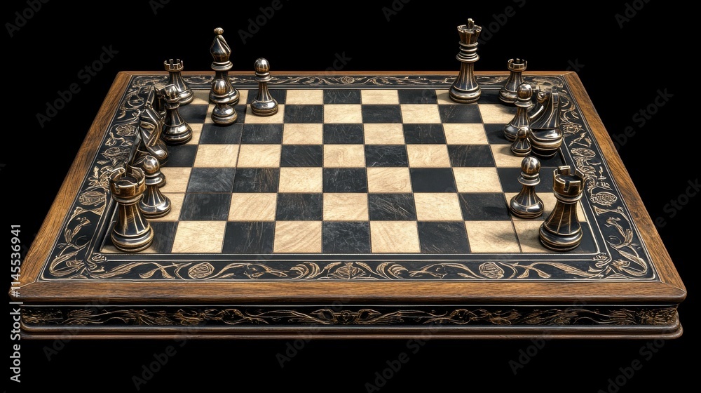 Elegant antique chess set featuring detailed craftsmanship on a rich wooden board with intricate designs, showcasing strategic game elements for chess enthusiasts and collectors.