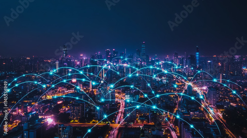 Wallpaper Mural Smart digital city with connection cyber security network reciprocity over the cityscape . future smart wireless digital city and social media networking systems that connects people within the city Torontodigital.ca