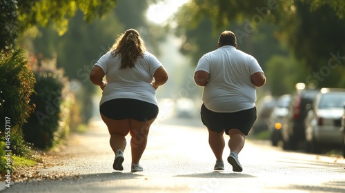 Overweight Couple Jogging, Fitness Motivation, Weight Loss Goals, Healthy Lifestyle Change photo