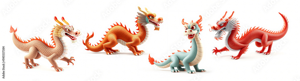 Obraz premium Four Vibrant Chinese Dragon Figurines Collection: A Showcase of Mythical Creatures
