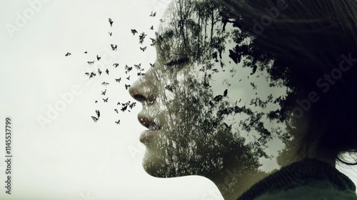 Ethereal Woman with Butterfly and Forest Overlay Symbolizing Transformation and Freedom in Nature's Embrace, Capturing the Essence of Serenity and Growth