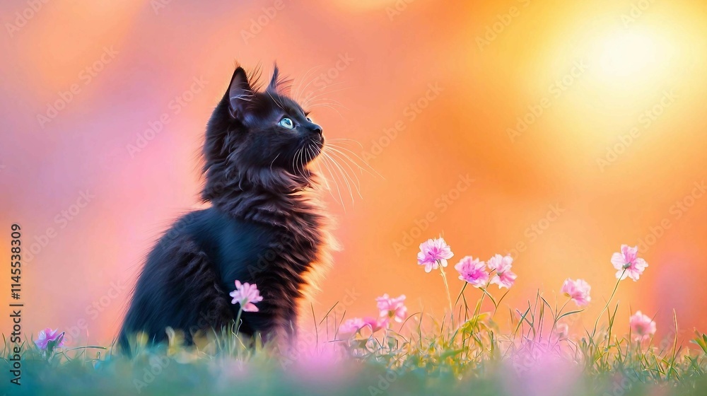 Black Cat Surrounded by Pink Flowers Under Soft Sunset Glow Black Cat Surrounded by Pink Flowers Under Soft Sunset Glow