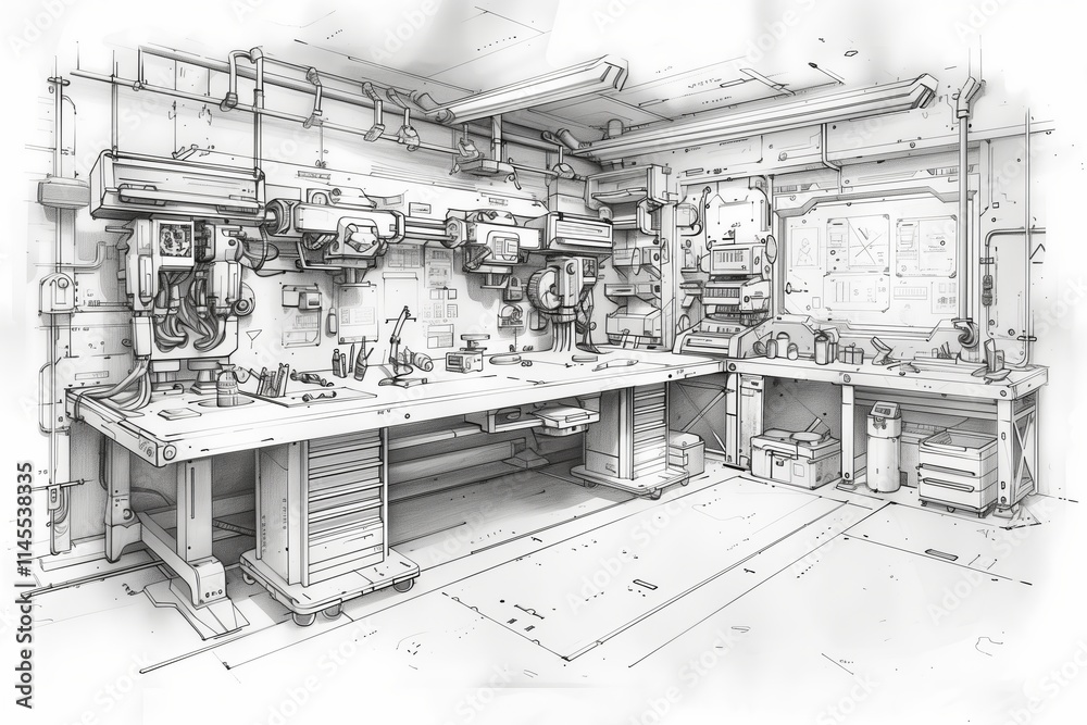 Obraz premium A detailed sketch of a woodworking workshop filled with tools and machinery, depicting a creative workspace.