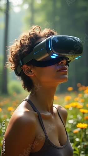 Person Wearing VR Goggles Immersed in Virtual Forest Environment photo