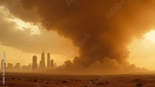Dramatic Smoke Plume Over City Skyline in Golden Desert Landscape

