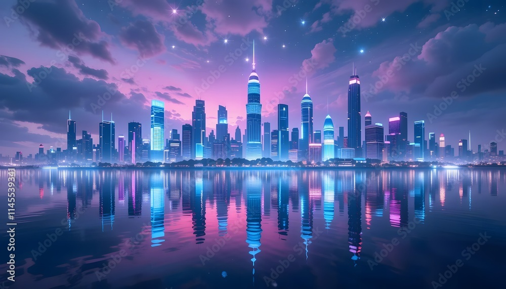 Obraz premium Futuristic cityscape at night with glowing neon lights and digital beams.
